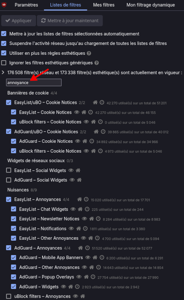 ublock origin filtre annoyance